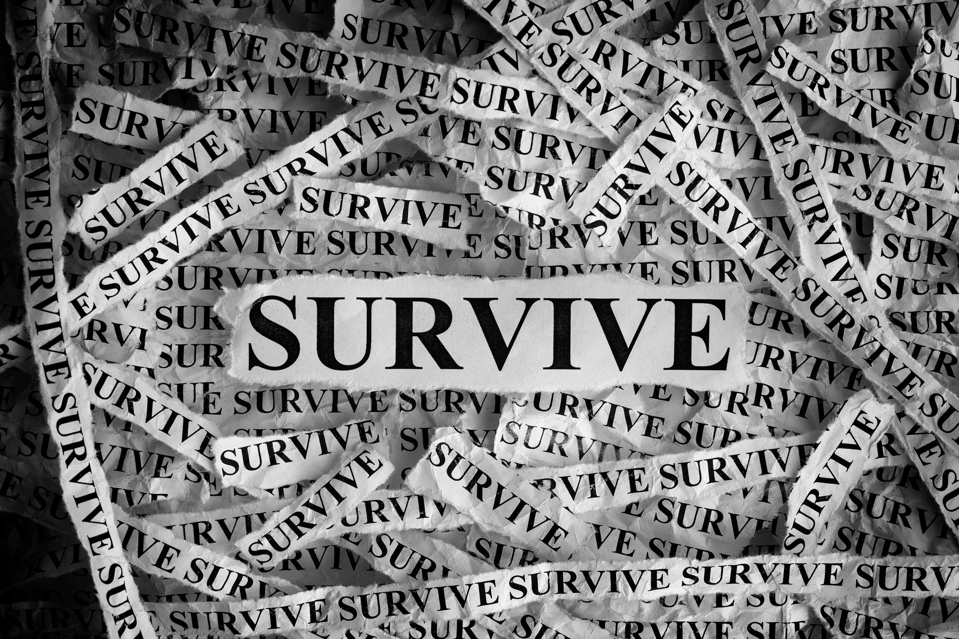 Survive. Torn pieces of paper with the word Survive